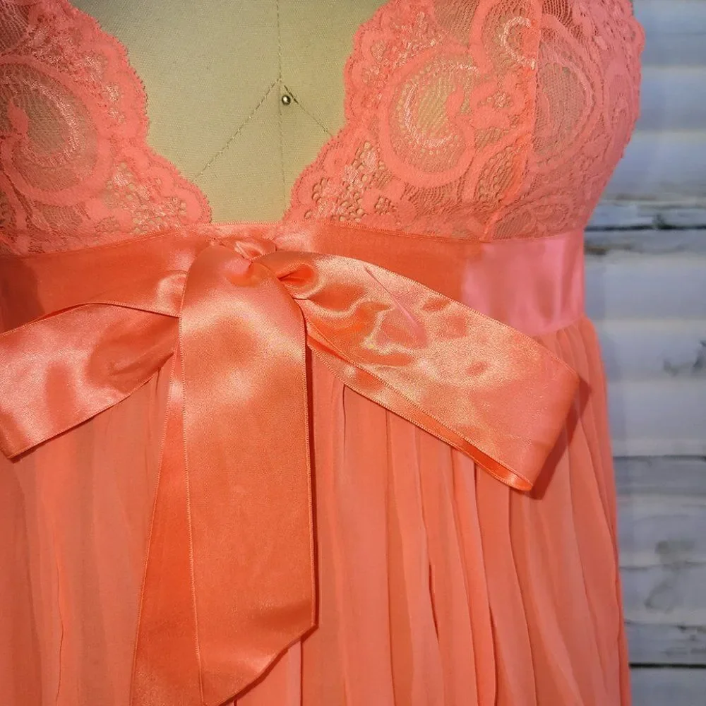 Victoria Secrets orange chiffon pleated skirt babydoll bow lingerie nightie